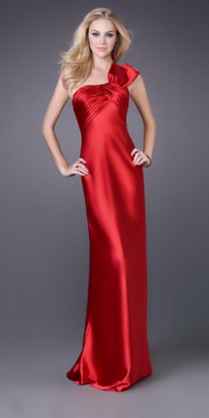 An elegant long prom dress in shiny red Sateen material.